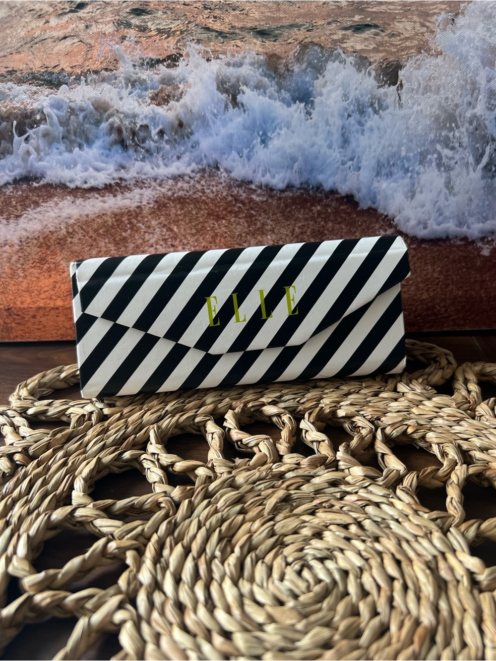 ELLE Black and White Diagonal Stripe Clutch